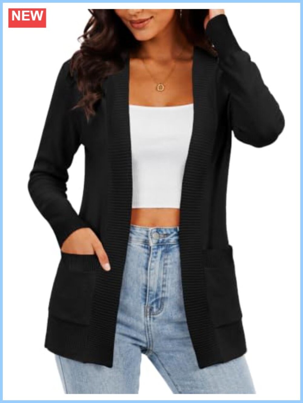 Open Front Cardigan Sweater with Pockets Viscose Nylon Knit